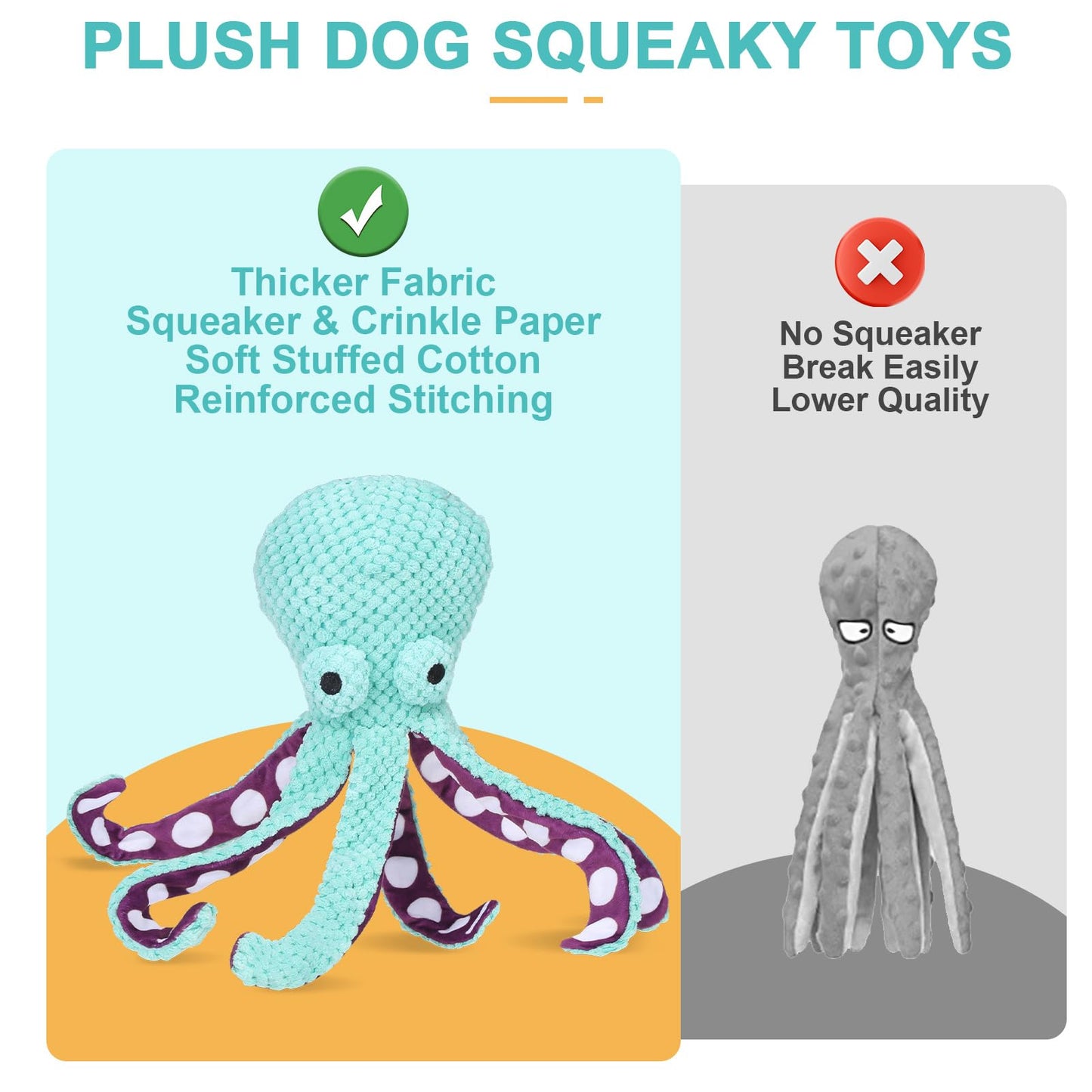 EXPAWLORER Octopus Dog Toy - Durable Interactive Dog Squeaky Toys Best Puppy Birthday Gift, Soft Stuffed Plush Toy with Crinkle Paper, Teeth Chew Toy for Small Small Medium Large Breed, Green