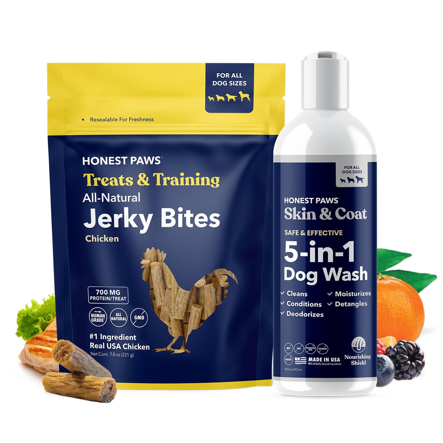 Honest Paws Dog Shampoo and Jerky Treats - Premium Dog Wash and Training Treats - Cleanse, Detangle, Condition, Moisturizing, and Deodorize - Human Grade Treats