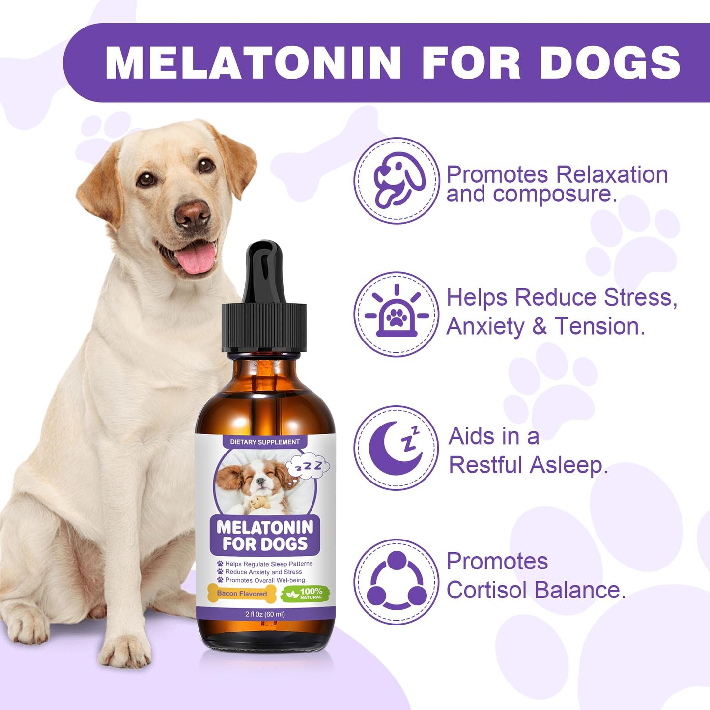 Melatonin for Dogs,Dog Sleep Aid,Calming for Dogs,Melatonin for Sleep Relieves Anxiety and Stress in Dog, Helps Calm and Restful Sleep,Bacon Flavor