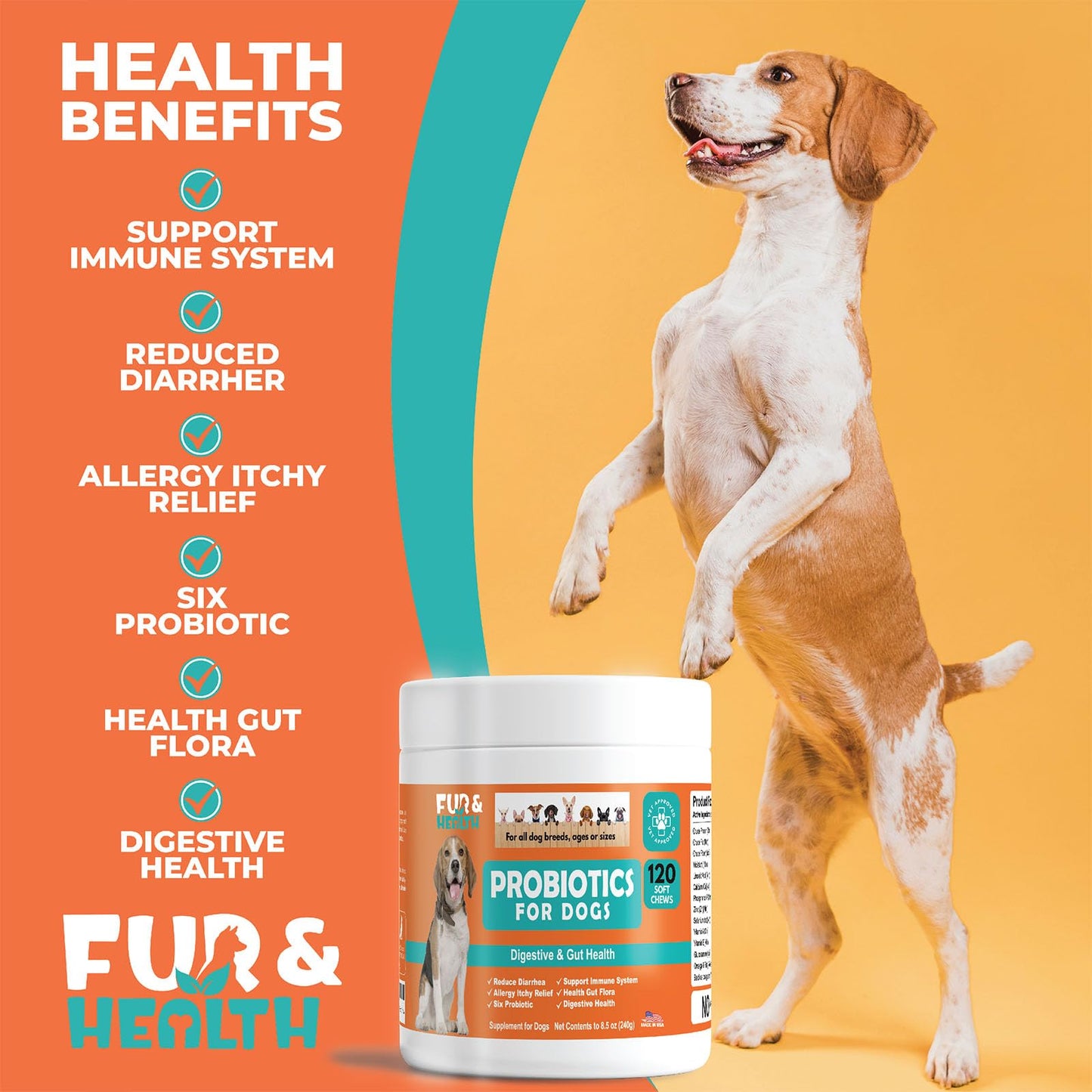 Fur & Health Probiotics for Dogs - Natural Digestive & Allergy Relief Soft Chews with Prebiotics & Enzymes - Dog Yeast Infection Treatment & Immune Support - Chicken Flavor, 120 Chews