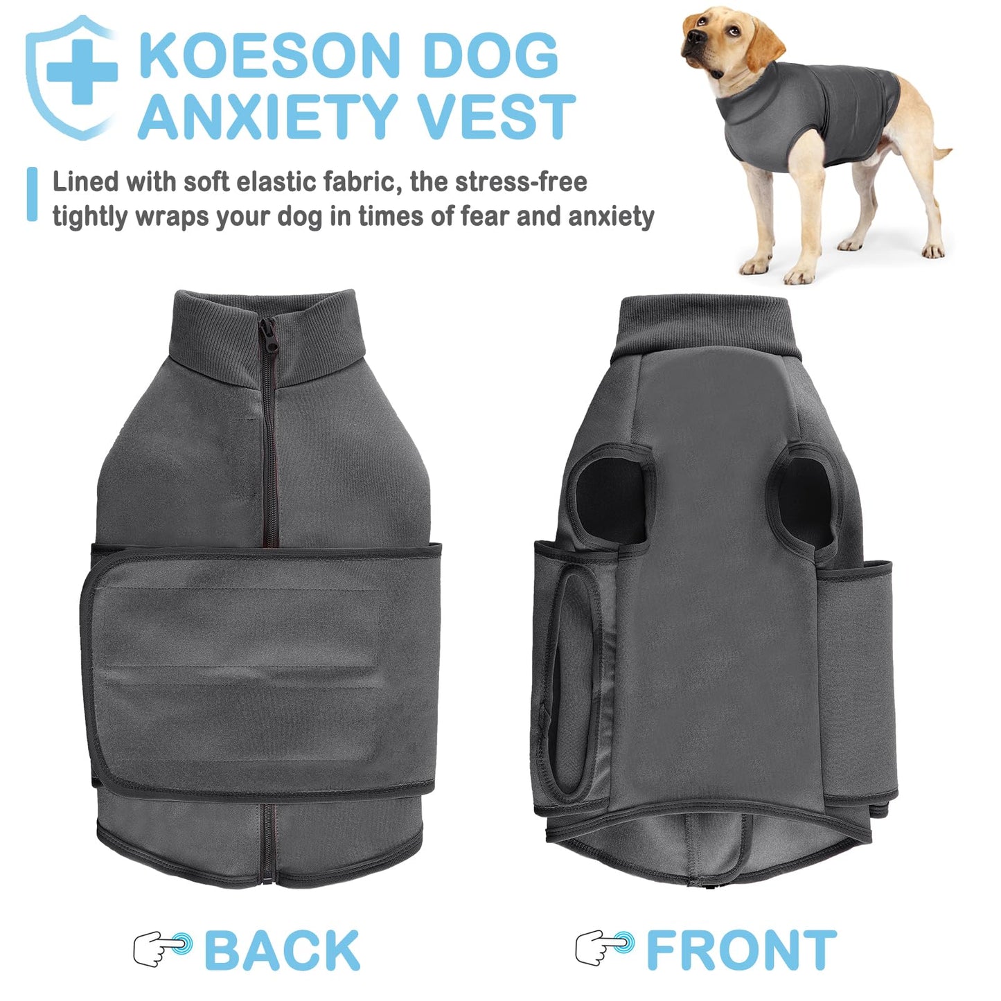 KOESON Dog Anxiety Vest, Comfort Pet Calming Jacket, Adjustable Relief Coat for Dog, Anti-Anxiety Pet Thunder Jacket for Thunderstorm, Fireworks, Separation, Grey 3XL