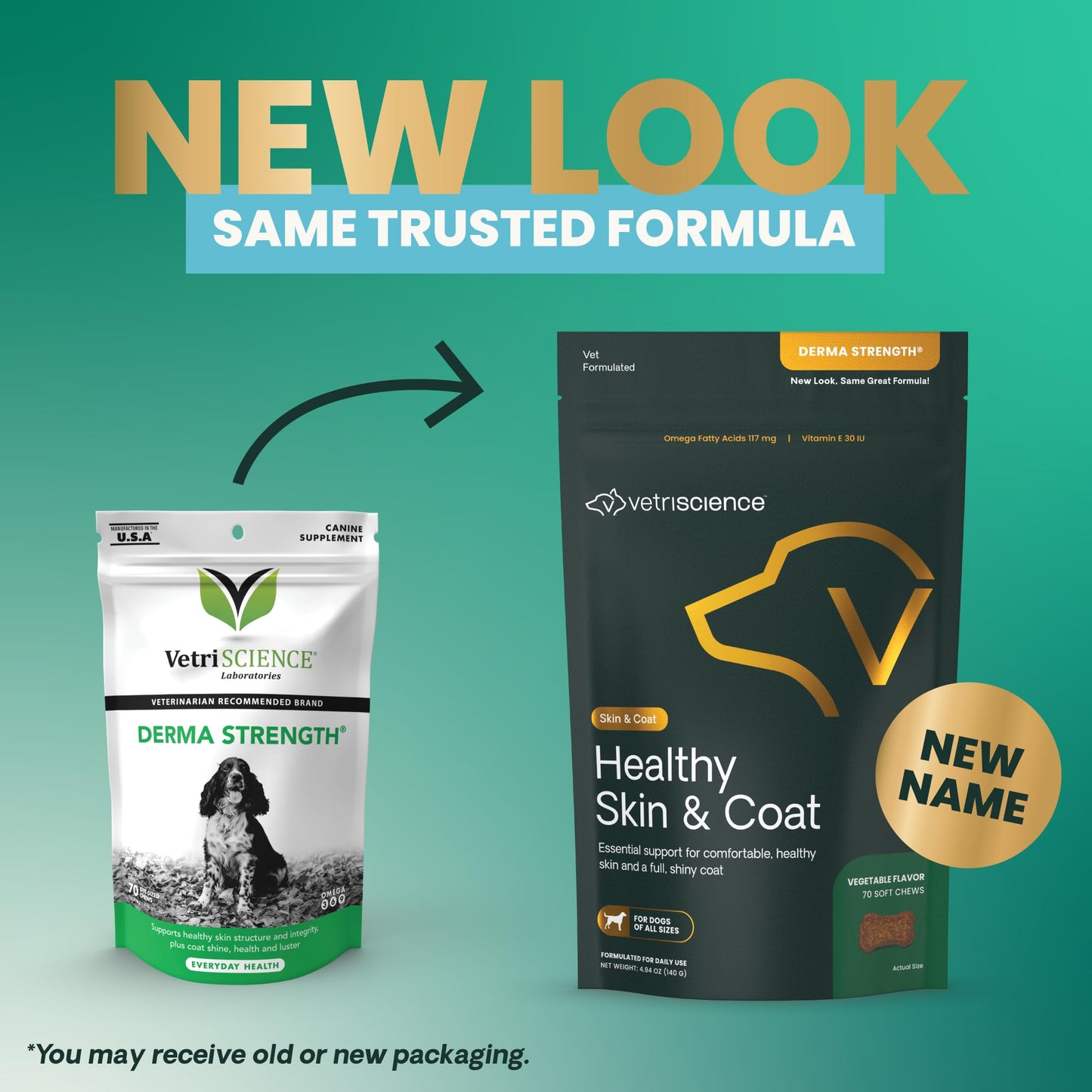 VetriScience Healthy Skin & Coat Chews, Derma Strength Omega-3 Salmon Oil Supplement for Dogs, Omega Skin and Coat Chews, Skin Health, Coat Growth, Fish Oil and Vitamin E, Veggie, 70 Count