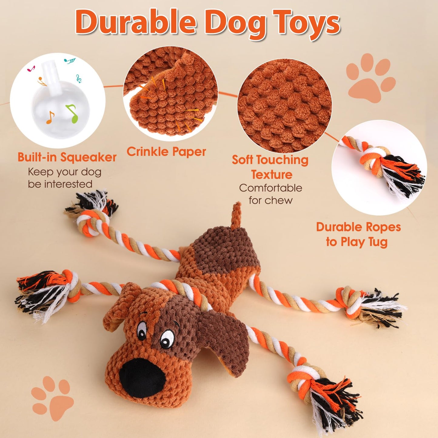 Plush Dog Toys with Rope, Squeaker & Crinkle Paper – Interactive Squeaky Chew Toy for Large Dogs & Puppies – Tough Pet Toy for Tug of War, Fetch & Dental Exercise