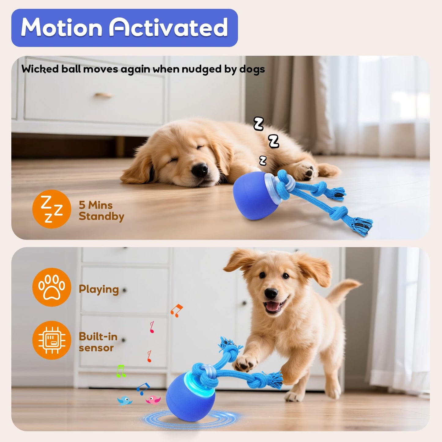 BENTOPAL Interactive Dog Toys Touch Activated Bouncing & Jumping Dog Ball with Rope, Squeaky Doggie Toys to Keep Them Busy