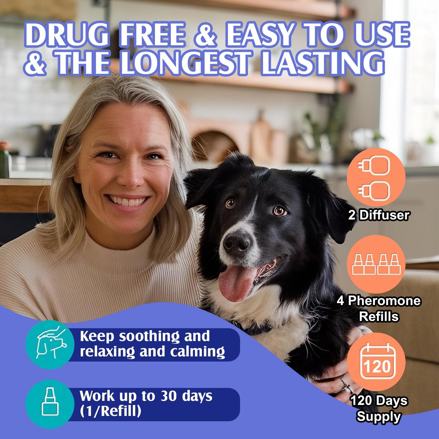 Dog Calming Pheromones Diffuser, 6 in 1 Kit Appeasing Pheromone Diffuser to Calm Dogs, Dog Anxiety Relief Lasting 120 Days with 2 Diffuser + 4 48ml Refill