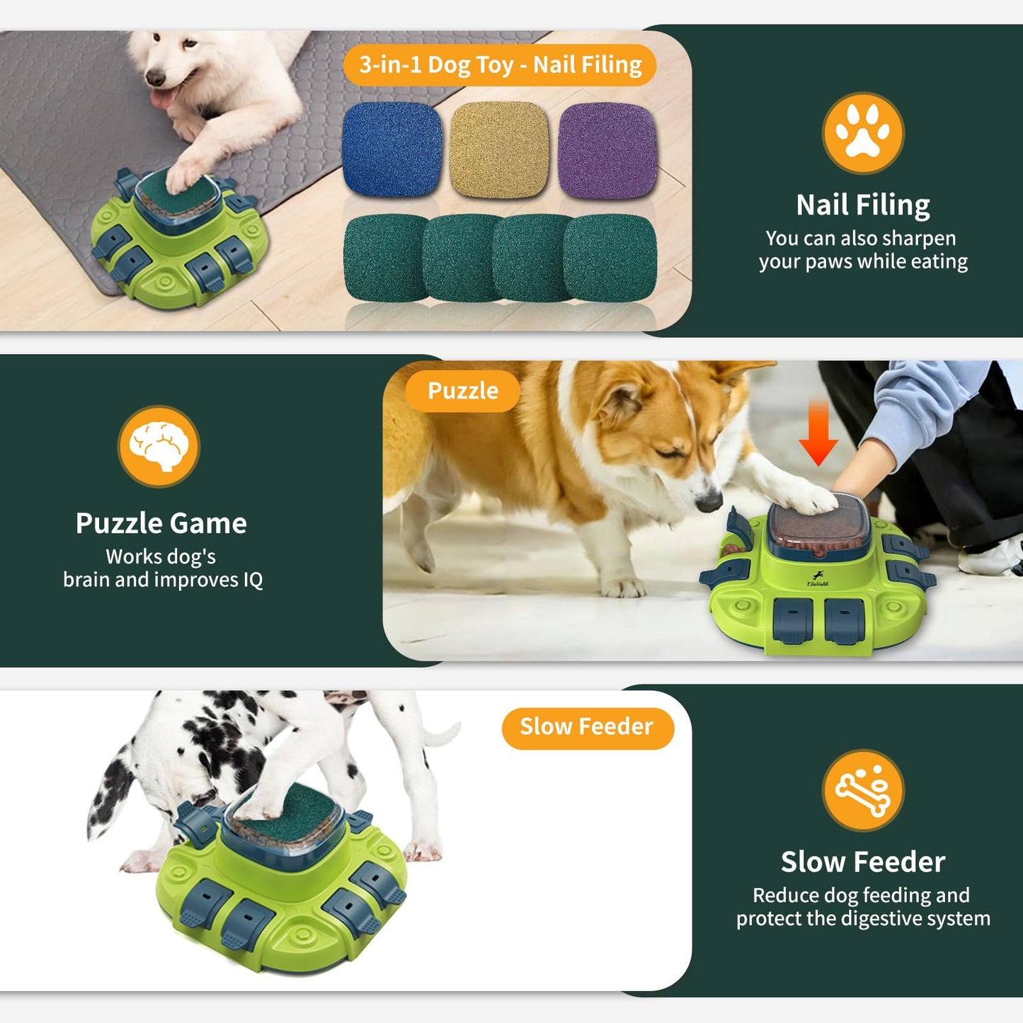 EliaValth Dog Puzzle, 3-in-1 Dog Toy: Interactive Dog Toys, Puzzle, Slow Feeder Dog Bowls & Nail File Orange