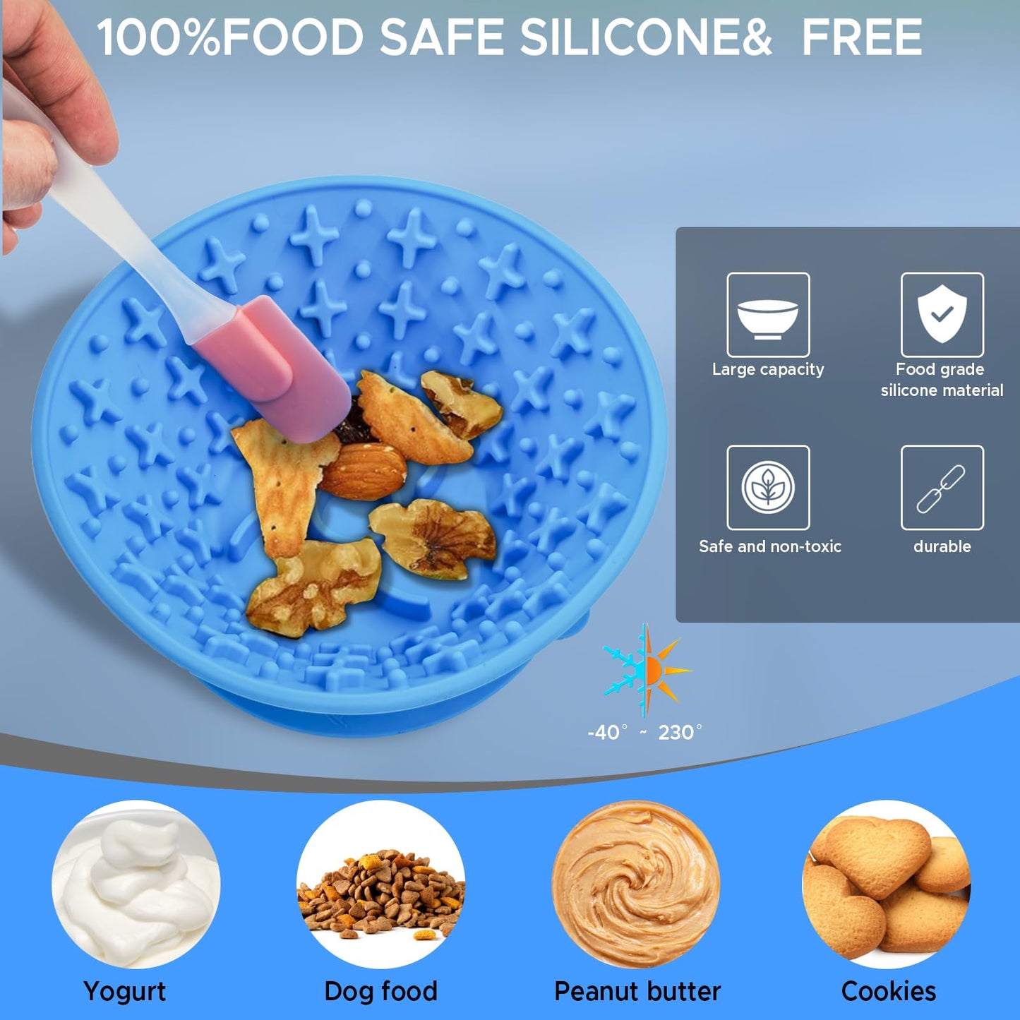 Dog Lick Bowl – Silicone Lick Mat for Dogs with Freeze Bone, Slow Feeder, Non-Slip Base, Includes Brush & Scraper, Large Opening for Anxiety Relief & Oral Health, Ideal for Frozen Treats (Blue)