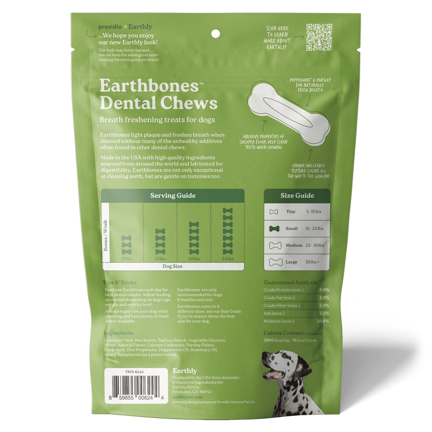 Presidio Earthbones (Formerly Terrabones) Dental Chews, Dog Teeth Cleaning Treat, Small, 13 Treats