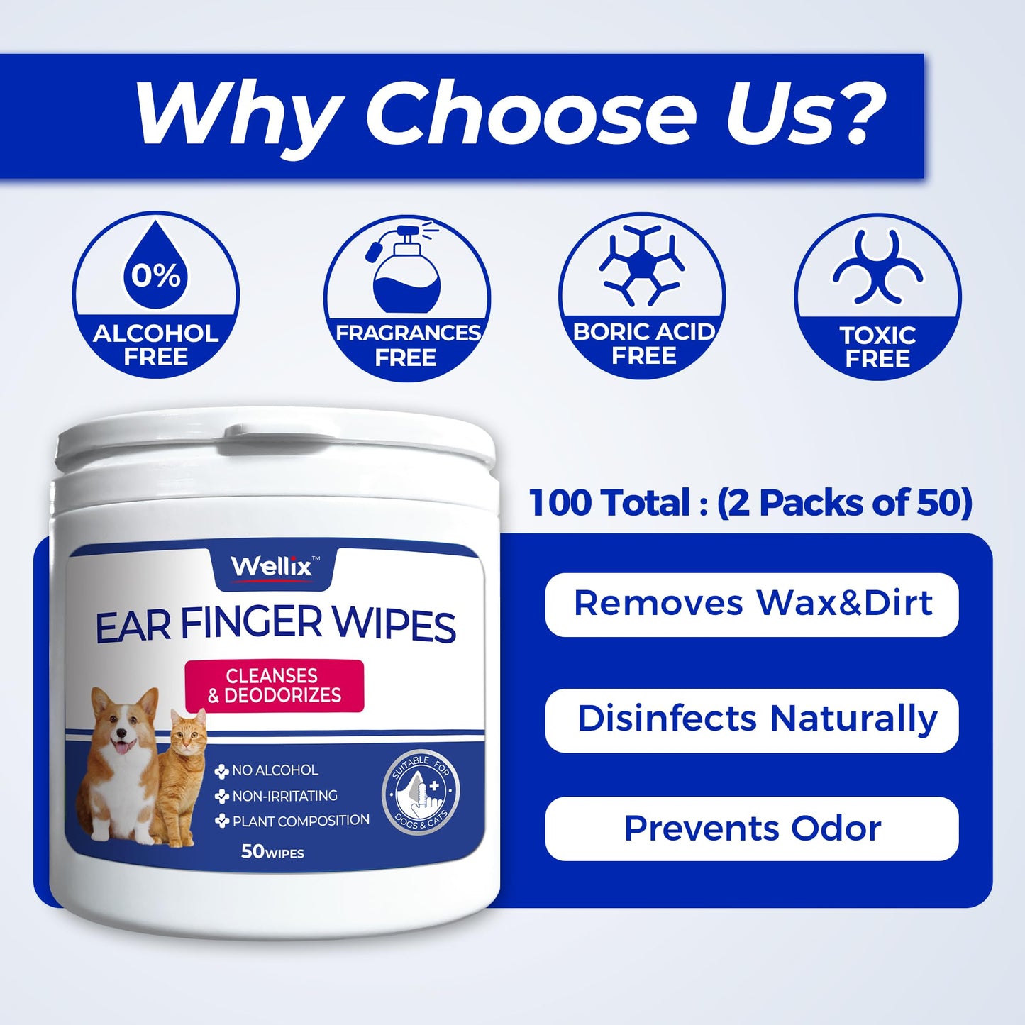 Wellix Pet Ear Cleaner Wipes for Dogs&Cats (100count) - Pure Chamomile Honeysuckle Dog Cleaning Finger Wipes - Natural Treatment for Itch Relief and Ear Infections - 2 Packs