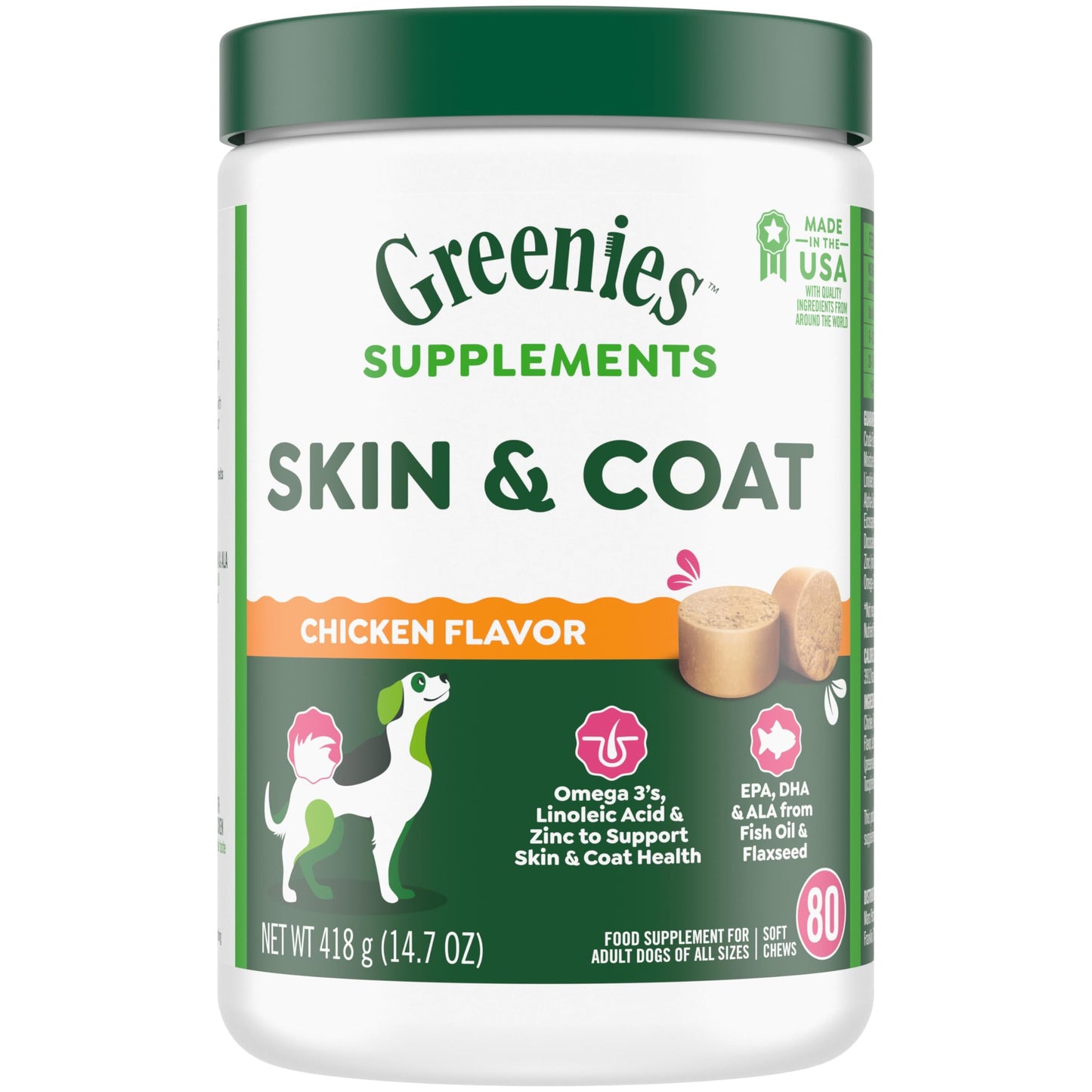 Greenies Supplements Dog Skin and Coat Supplements with Fish Oil & Omega 3 Fatty Acids, Chicken Flavor, 14.7 oz. 80-Count