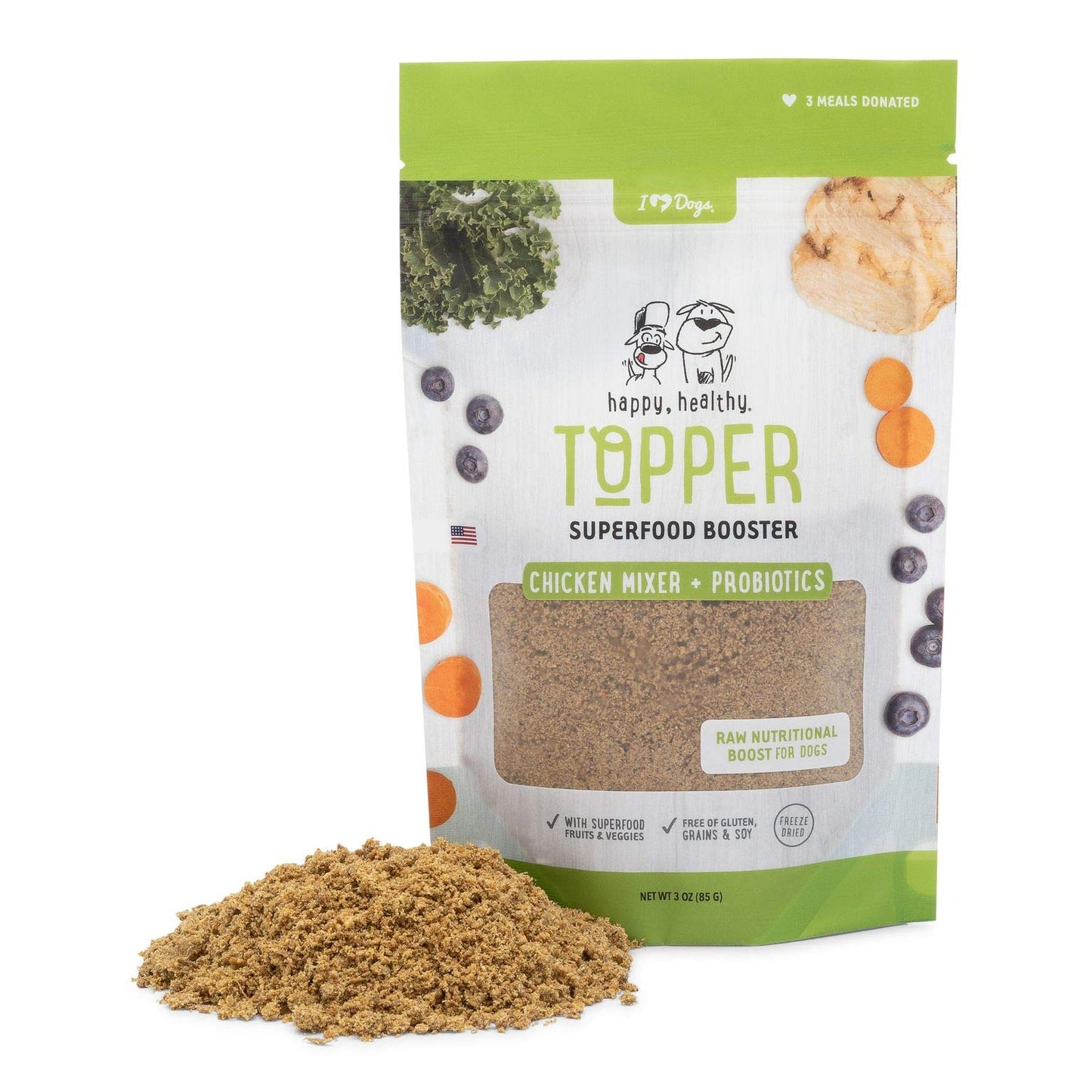 iHeartDogs Dog Food Topper - Freeze-Dried Raw Dog Food Seasoning with Collagen Peptides - Grain Free Superfood Meal Mixer (Chicken, 3 Ounce)