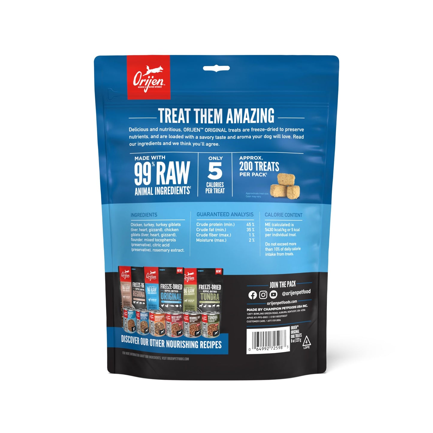 ORIJEN Grain Free High Protein Freeze Dried Dog Treats Original Recipe 8oz Bag