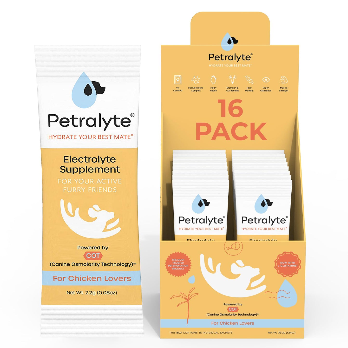 Petralyte Dog Electrolytes and Joint Supplement | Glucosamine, Chondroitin & MSM for Inflammation and Mobility Support | Electrolytes for Dogs with Prebiotics | for Chicken Lovers | 16 Packets