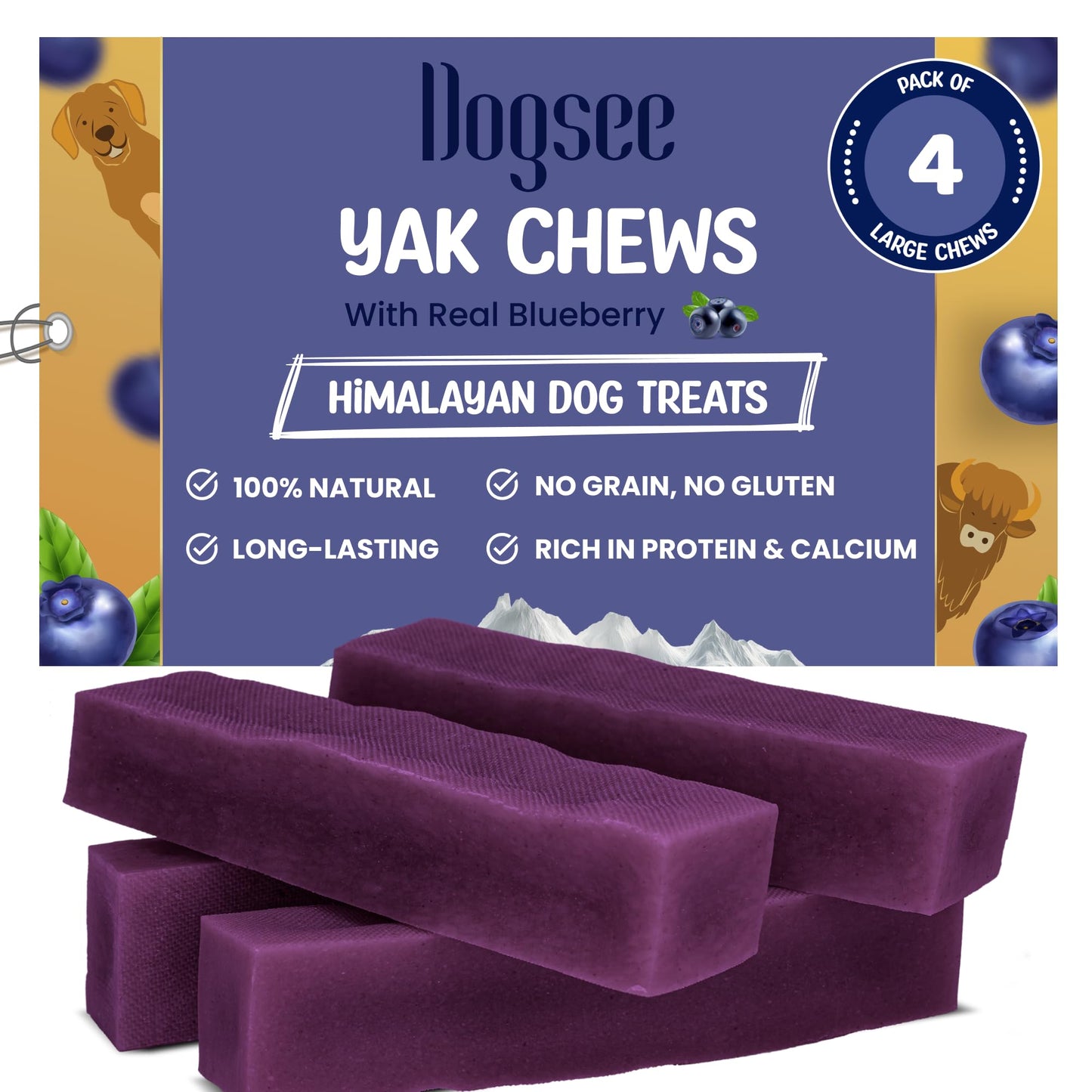 Dogsee Blueberry Flavor Himalayan Yak Cheese Dental Chews for Dogs - (Large 4)| Dog Treats Healthy | Cleans Teeth & Freshens Breath | No Grain, No Gluten | Dog Chews Rawhide Free