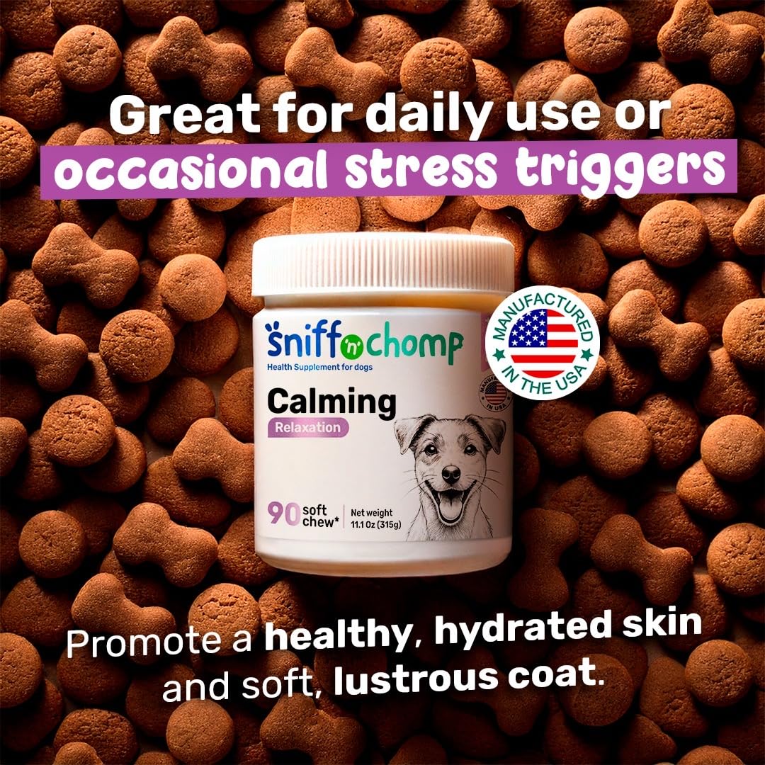 Sniff 'n' Chomp Calm Chews for Dogs Anxiety, Natural Anxiety and Stress Relief, Dog Fireworks Relief, Melatonin for Dog Sleep Aid, Calming Chews for Dogs, Peanut Butter Flavor, 90 Units.