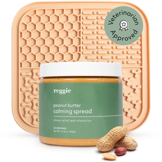 Reggie Calming Spread for Dogs with L-Theanine & Melatonin + Light Peach Lick Mat | Natural Peanut Butter Dog Anxiety Relief Bundle for Separation Anxiety, Thunderstorms, Travel & Stress | 30 Servings