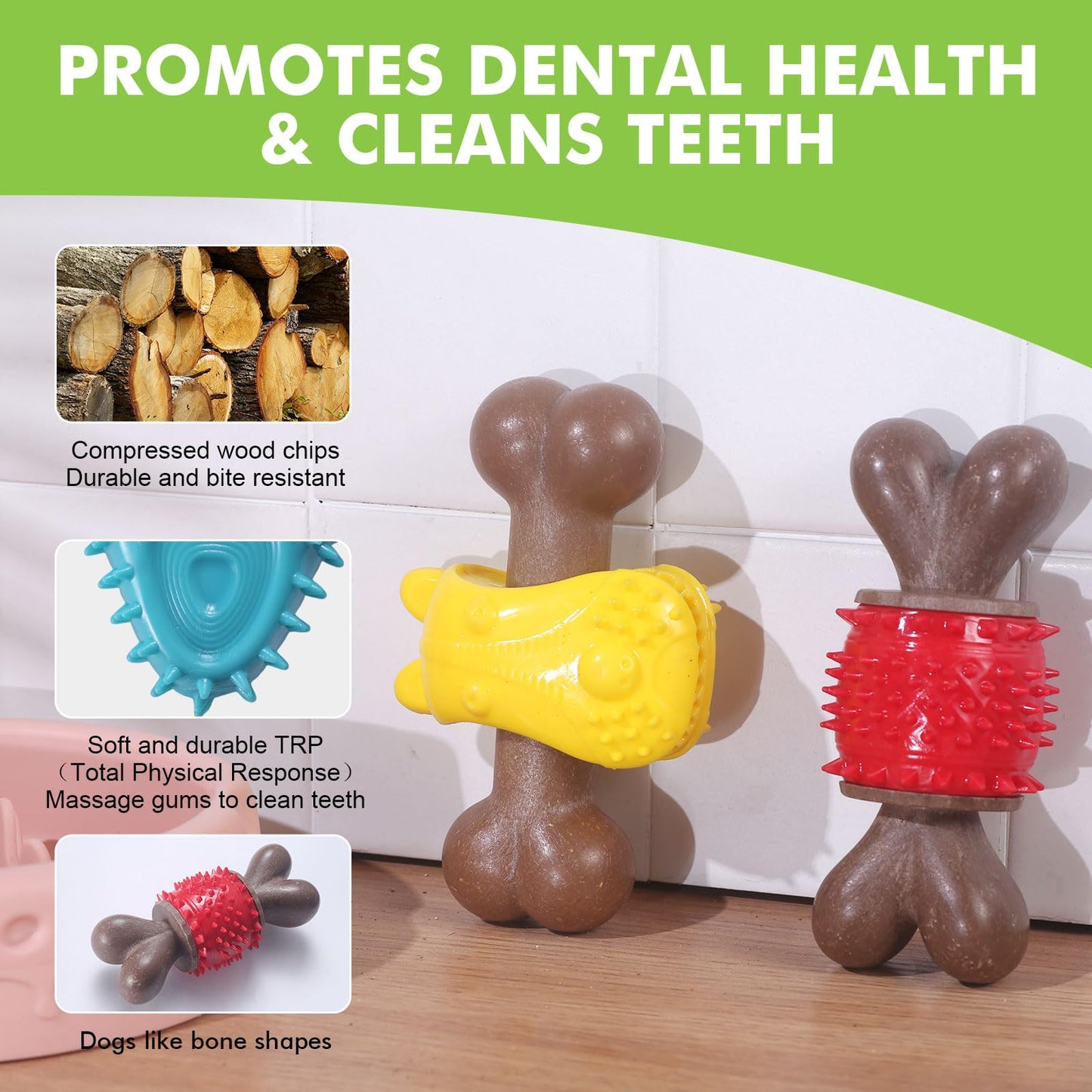 Durable Dog Chew Toys for Large Dogs - Tough Bone-Shaped Dental Chew with TPR Rubber & Wood Fiber, Teething & Aggressive Chewer Toys for Medium/Large Breed, Long-Lasting Teeth Cleaning (4 Pack Set)