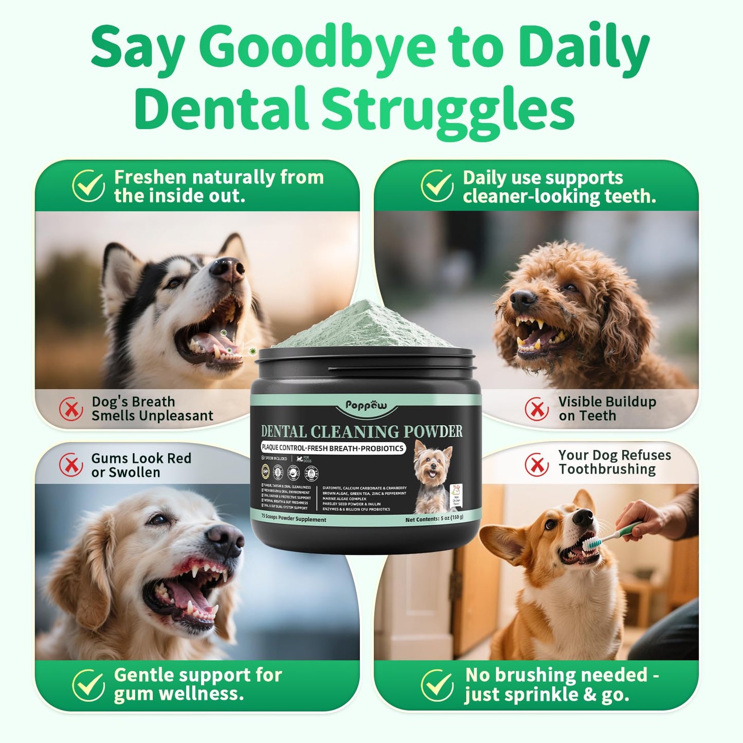 POPPAW Dog Dental Powder – Teeth Cleaning Powder with 6B CFU Probiotics, Enzymes & Antioxidants, Plaque & Tartar Off, Fresh Breath Support, No Brushing Oral Care, Mint Chicken Flavor, 75 Servings