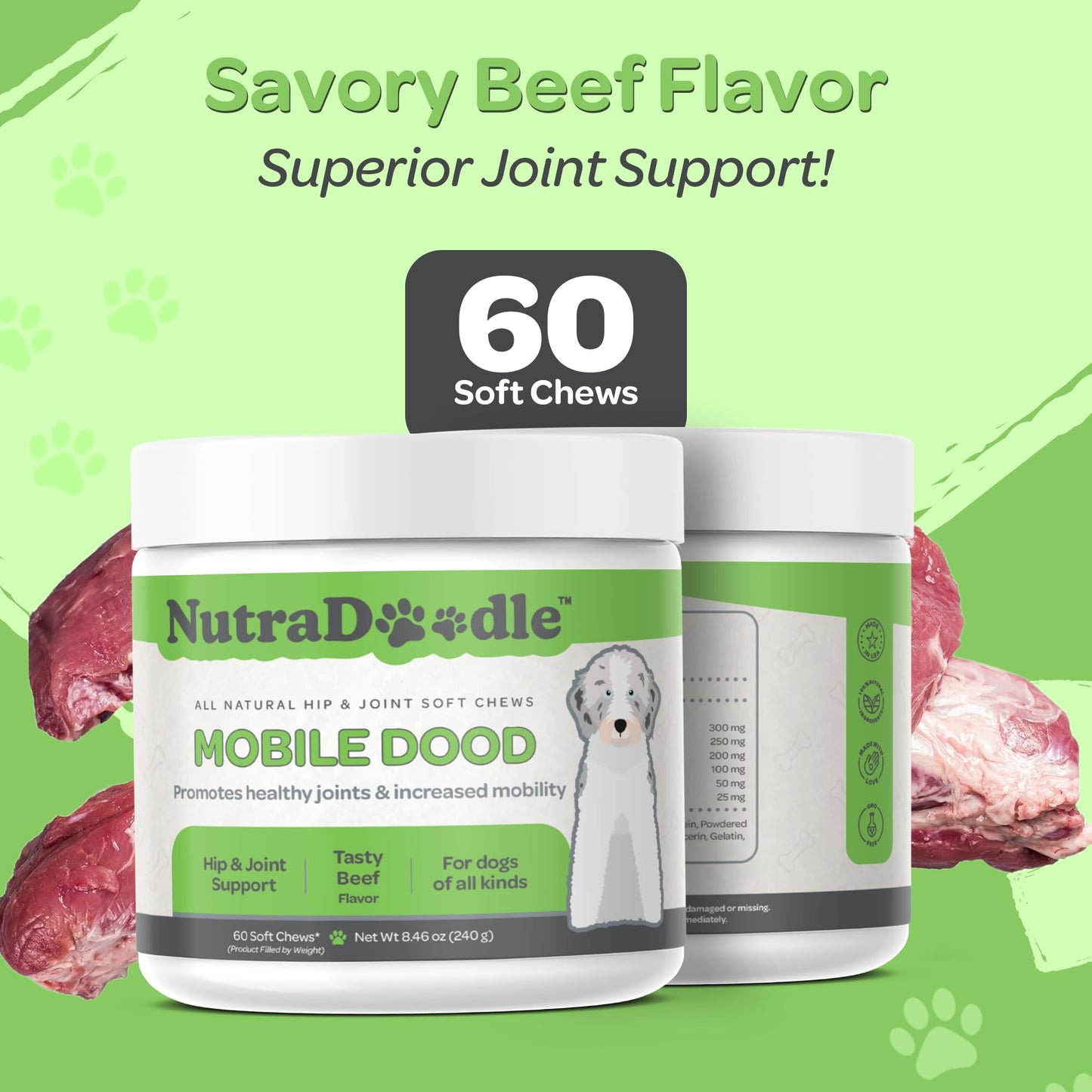 NutraDoodle Mobile Dood Hip and Joint Supplement for Dogs – Senior Dog Supplements with Omega 3, Glucosamine Chondroitin, Vitamin C – 60 Soft Chews