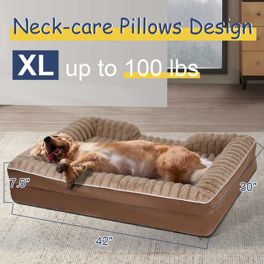Orthopedic Dog Bed for Large Medium Sized, Washable Memory Foam Large Dog Bed Premium Soft Corduroy Fleece, Durable Medium Pet Sofa with Removable Cover, Washable Waterproof Pet Couch Beds(Brown,XL)