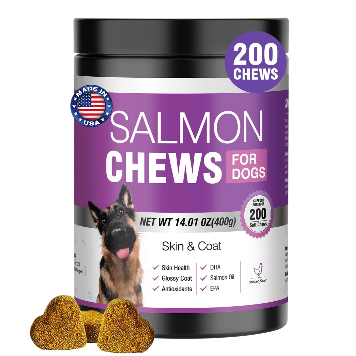 Omega 3 Skin and Coat Supplement for Dogs 200 Chews Dog Fish Oil Supplements with EPA & DHA Fatty Acids Dry Skin Relief for Dogs Shedding Allergy Itching Promotes Heart Hip Joint Health