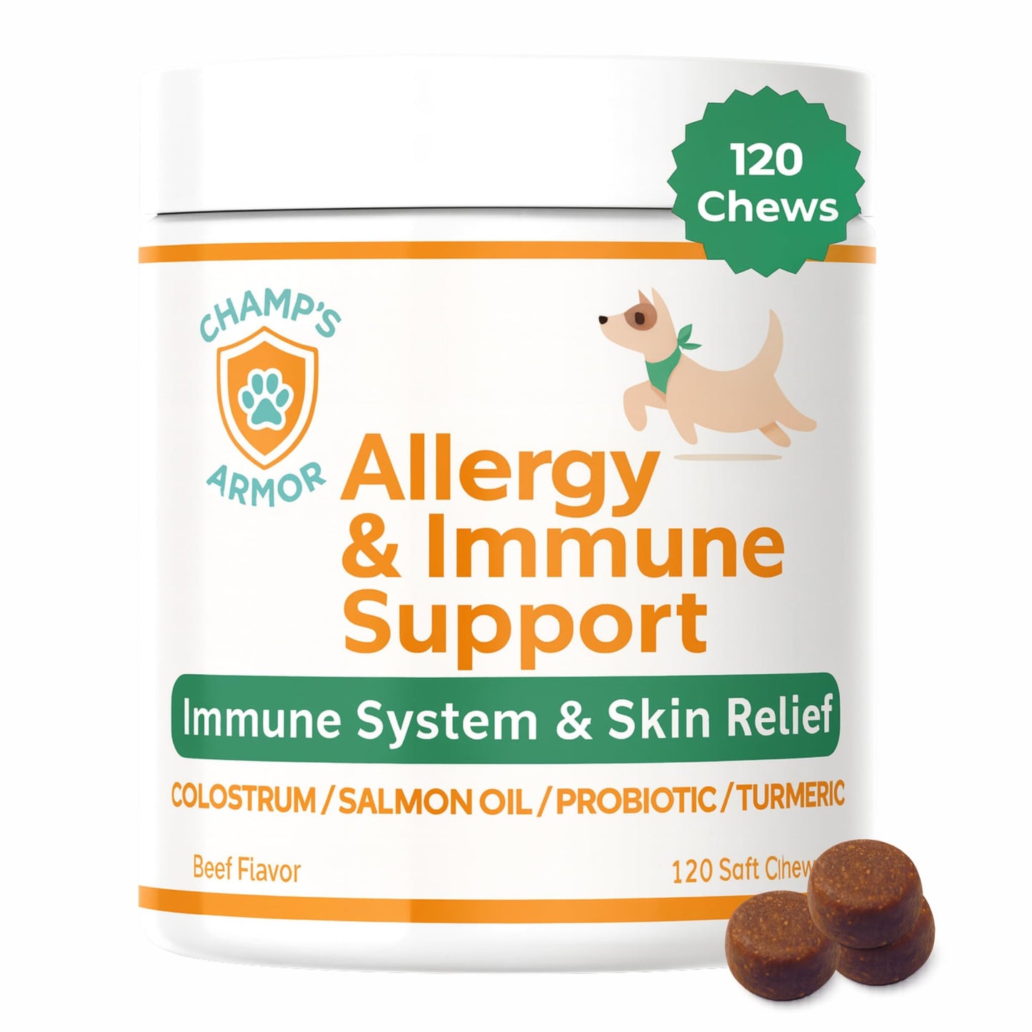 Champ's Armor Allergy & Immune Soft Chews for Dogs. Daily Support for Itchy Skin, Immune Health, Seasonal Allergies. W/Colostrum, Salmon Oil, Probiotics, Quercetin, Turmeric. 120 ct.