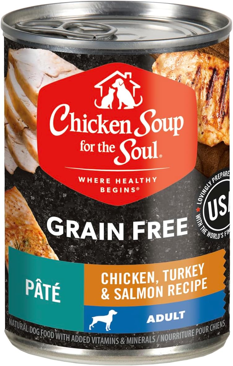 Chicken Soup for the Soul All Natural Premium Grain-Free All Life Stage Wet Dog Food, Real Meat First Ingredient, No by-Products, Chicken, Turkey & Salmon Pate, 13oz (Pack of 12)