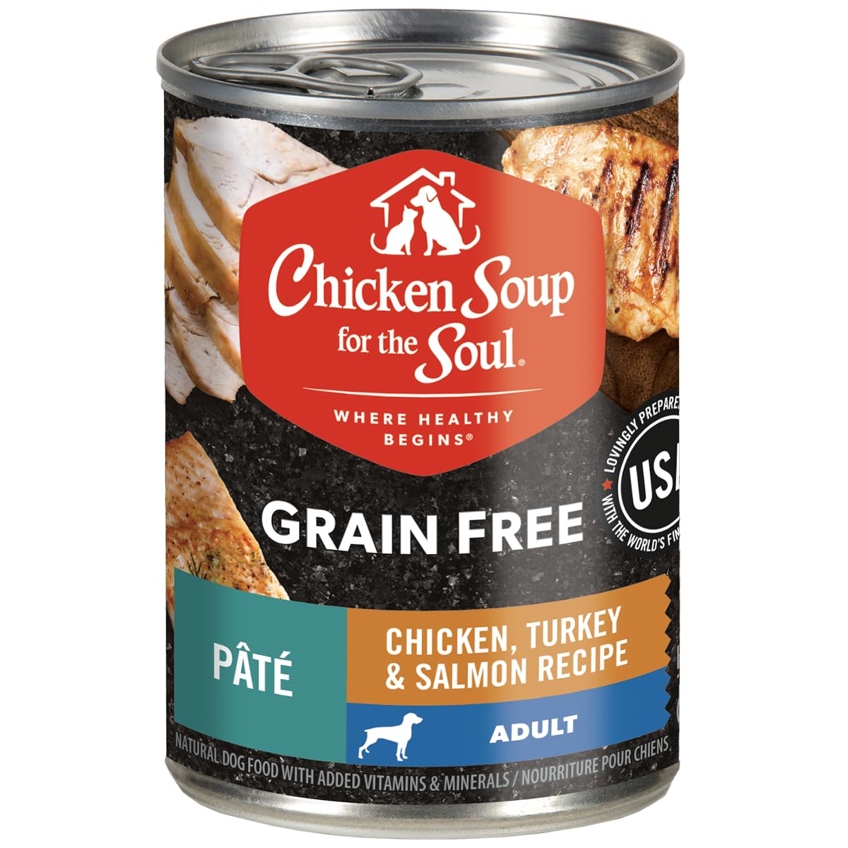Chicken Soup for the Soul All Natural Premium Grain-Free All Life Stage Wet Dog Food, Real Meat First Ingredient, No by-Products, Chicken, Turkey & Salmon Pate, 13oz (Pack of 12)
