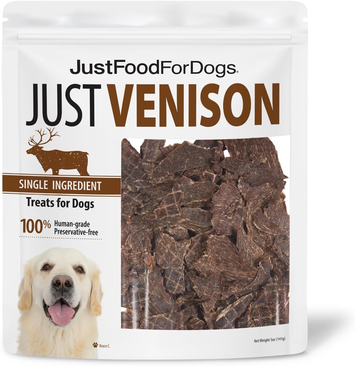 JustFoodForDogs Venison Dog Treats, Single-Ingredient Healthy Dog Treats, Made in The USA, 5 oz