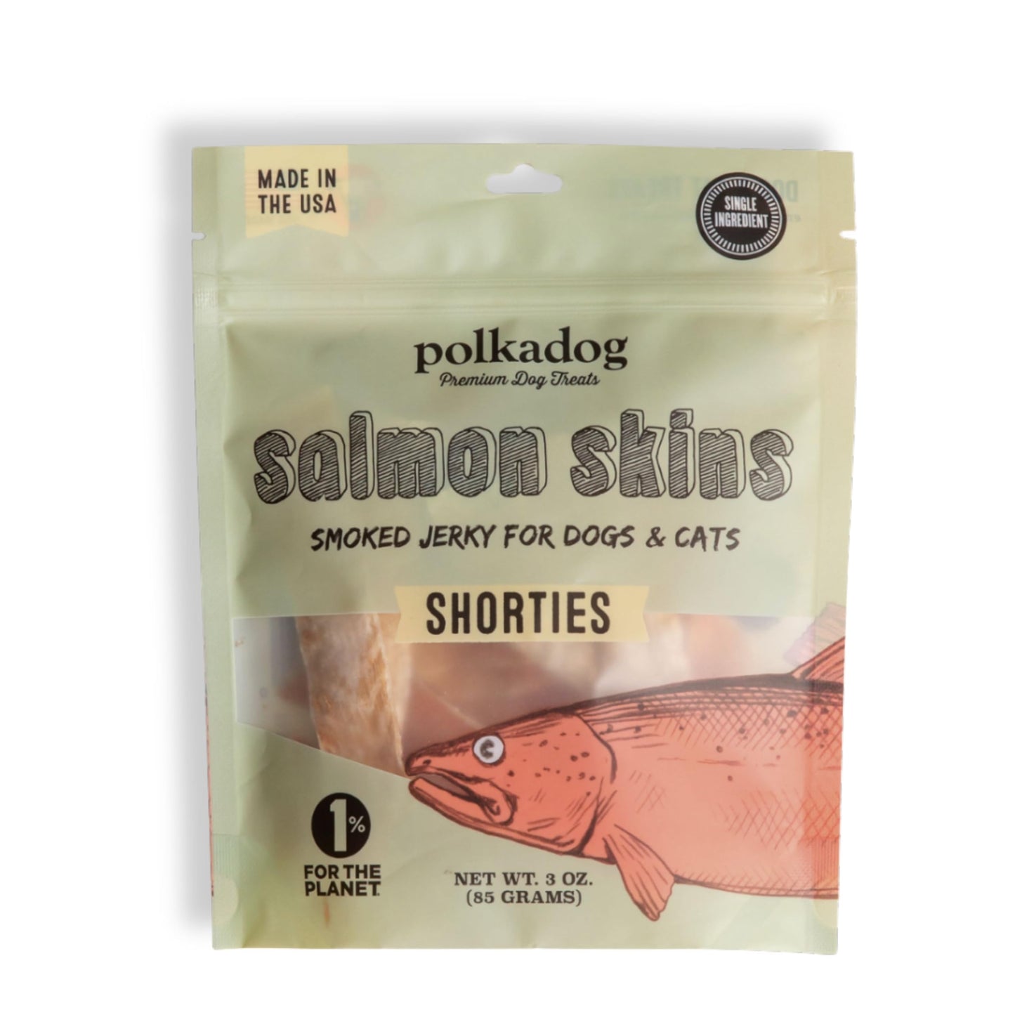 Polkadog Salmon Skins for Dogs (3oz Shortie) – All-Natural Dog Treats – Made in USA, Single Ingredient, Omega-3 Rich, Grain-Free & Hypoallergenic Salmon Jerky for All Breeds