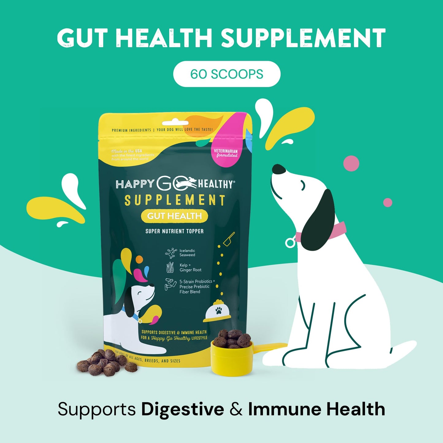 Happy Go Healthy Dog Gut Health Probiotics Supplement | Improves Digestive Health and Immune System Support for Dogs and Puppies | All Natural Ingredients Tasty Kibble Dog Food Topper | 60 Count Pack