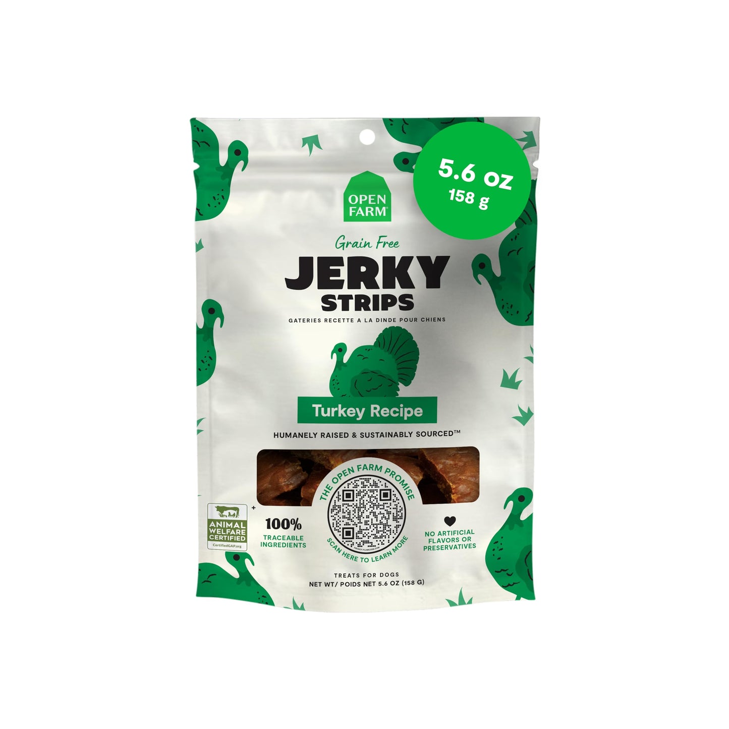 Open Farm, Dog Jerky Treats, Soft & Chewy Oven-Baked Jerky Strips Made with Ethically & Sustainably Sourced Ingredients, Protein Packed Dog Treats, Grain-Free Turkey Recipe, 5.6oz Pouch