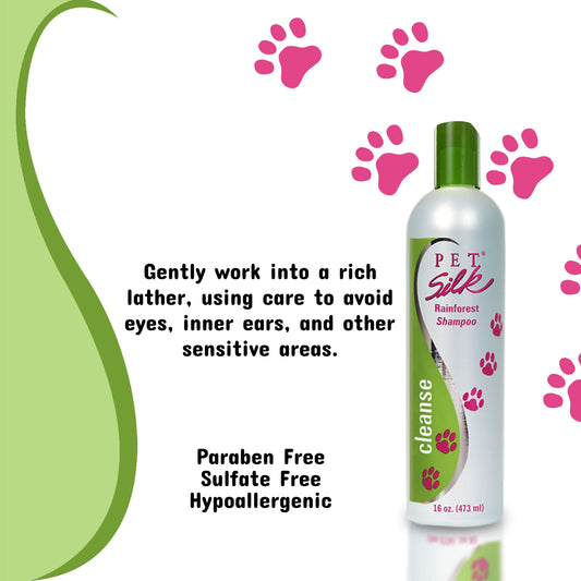 Pet Silk Rainforest Clean Scent Shampoo 16oz, Long-Lasting Fragrance for Your Pet's Coat, Cleanser for Both Dogs and Cats, Infused with Vitamin E, Gentle & Safe for Your Pet's Skin and Coat!