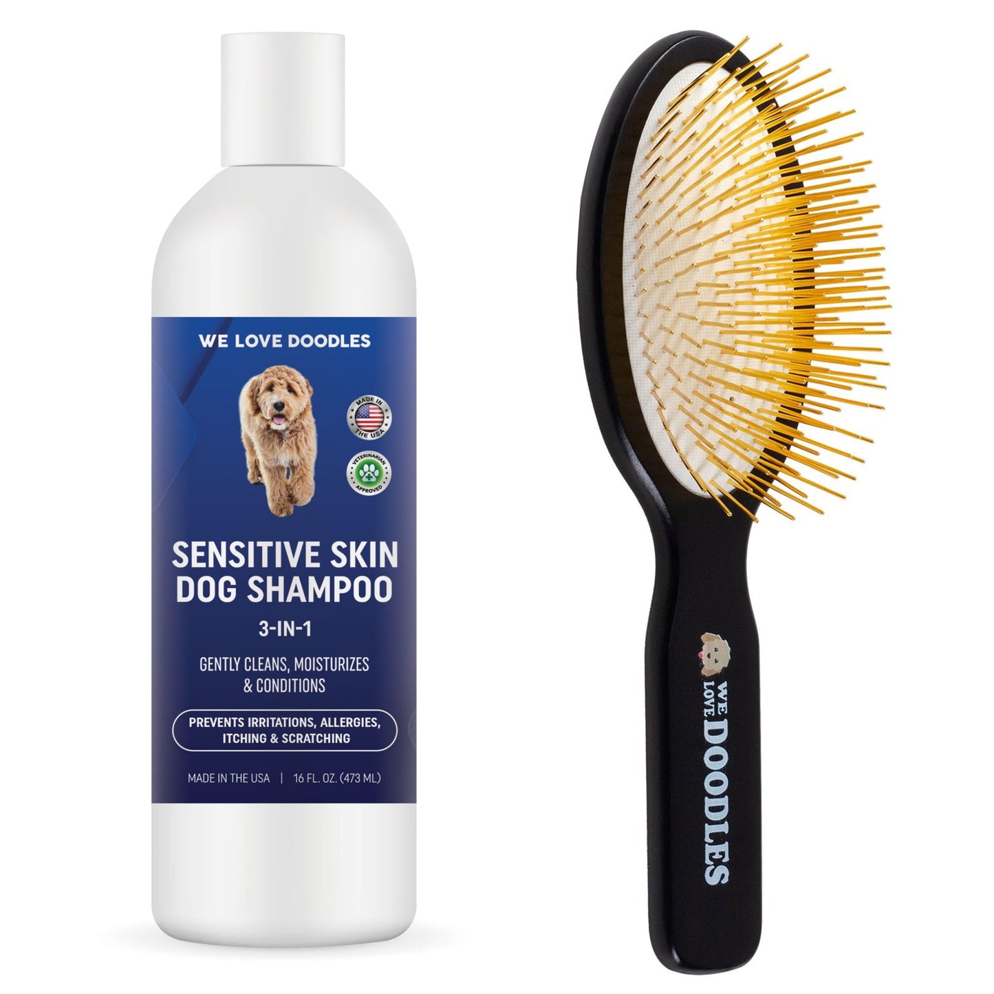 We Love Doodles Bundle Premium 3-in-1 Sensitive Skin Dog Shampoo - for Allergies, Itching, Scratching, Anti-Itch and Pin Brush for Dogs - Pet Grooming Detangler for Shedding and Removing Loose Fur