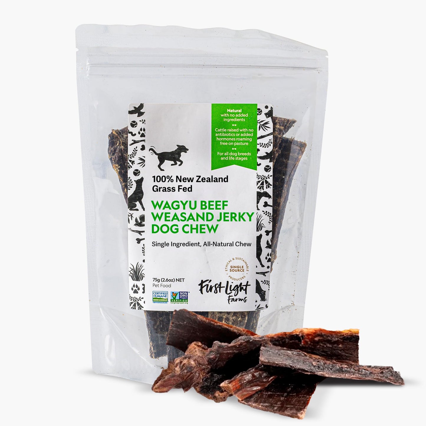 First Light Farms Wagyu Beef Esophagus Dog Treats | Gullet Sticks for Dogs | Esophagus Jerky Treats | All Natural Weasand Chews, 4-5 Count | Healthy Treats for Teeth, Mental Stimulation, Joint Support