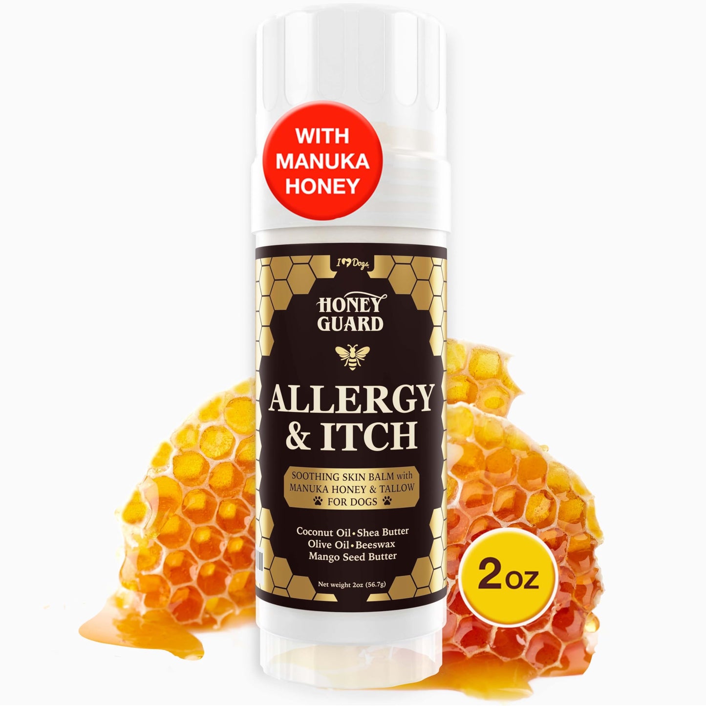 iHeartDogs Honey Guard Allergy & Itch Relief Dog Healing Balm for Paw, Nose & Skin - Hot Spot & Dry Skin Soother with Manuka Honey, Tallow, Shea Butter & Mango Seed Oil - 2oz