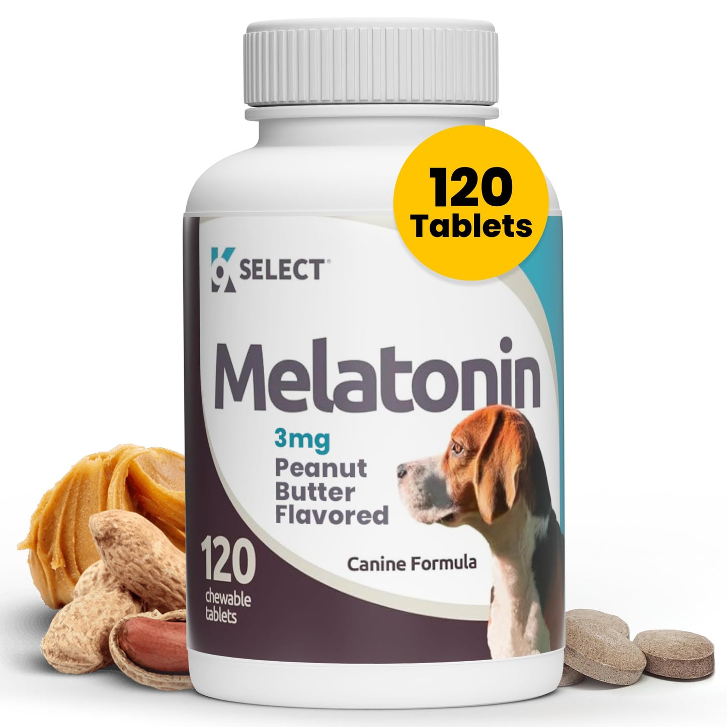 K9 Select Melatonin for Dogs - Calming Aid - Adrenal Support Sleep Aid - Reduce Stress, Pet Melatonin Treats for Medium Sized - 3 mg, 120 Peanut Butter Flavored Tablets