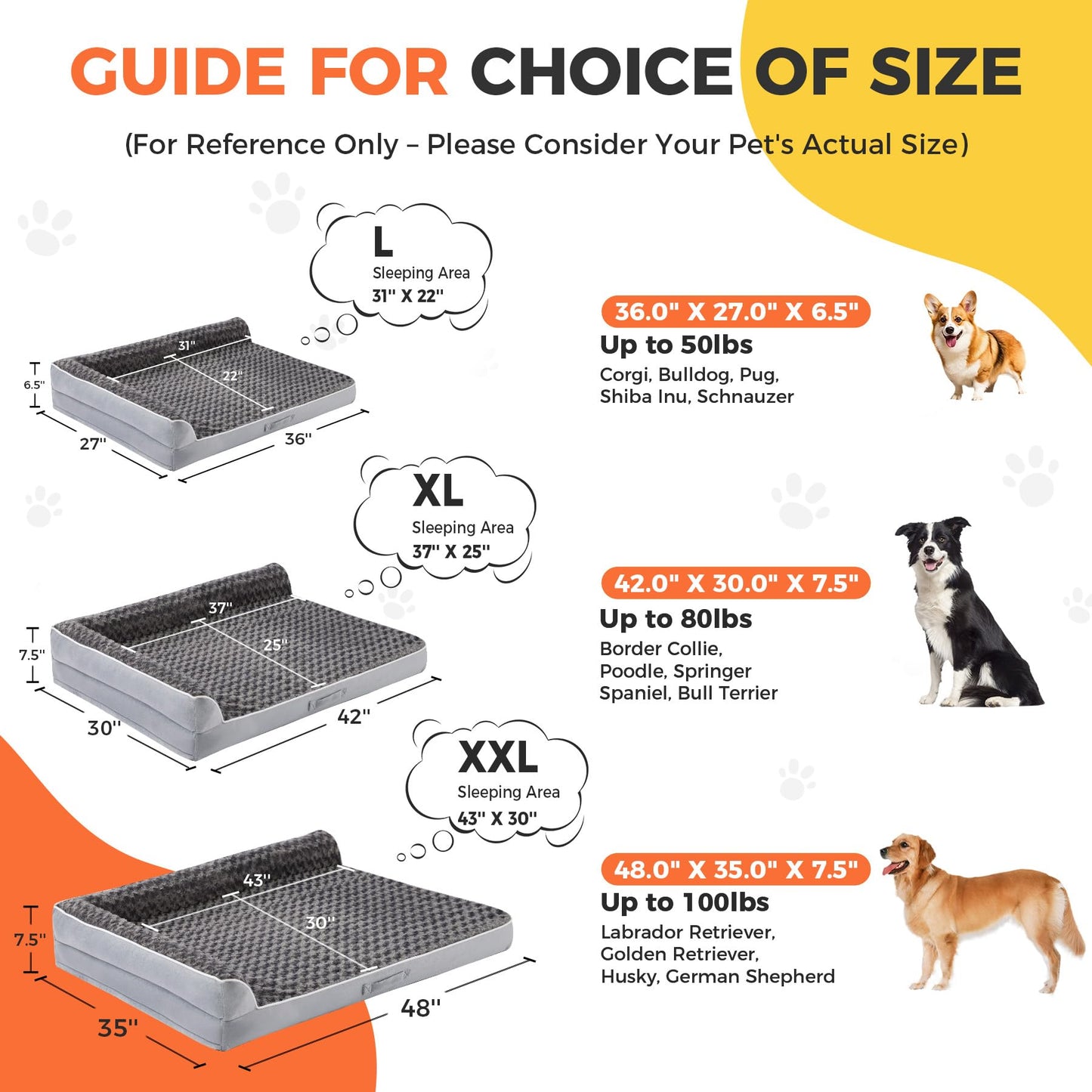 Aeroluxe Dog Bed Large Sized Dogs, XL Orthopedic Dog Bed for Large Dogs, Waterproof Pet Bed with Washable Removable Cover, L-Shaped Pet Couch with Portable Handle 42"x30"x7.5", Grey