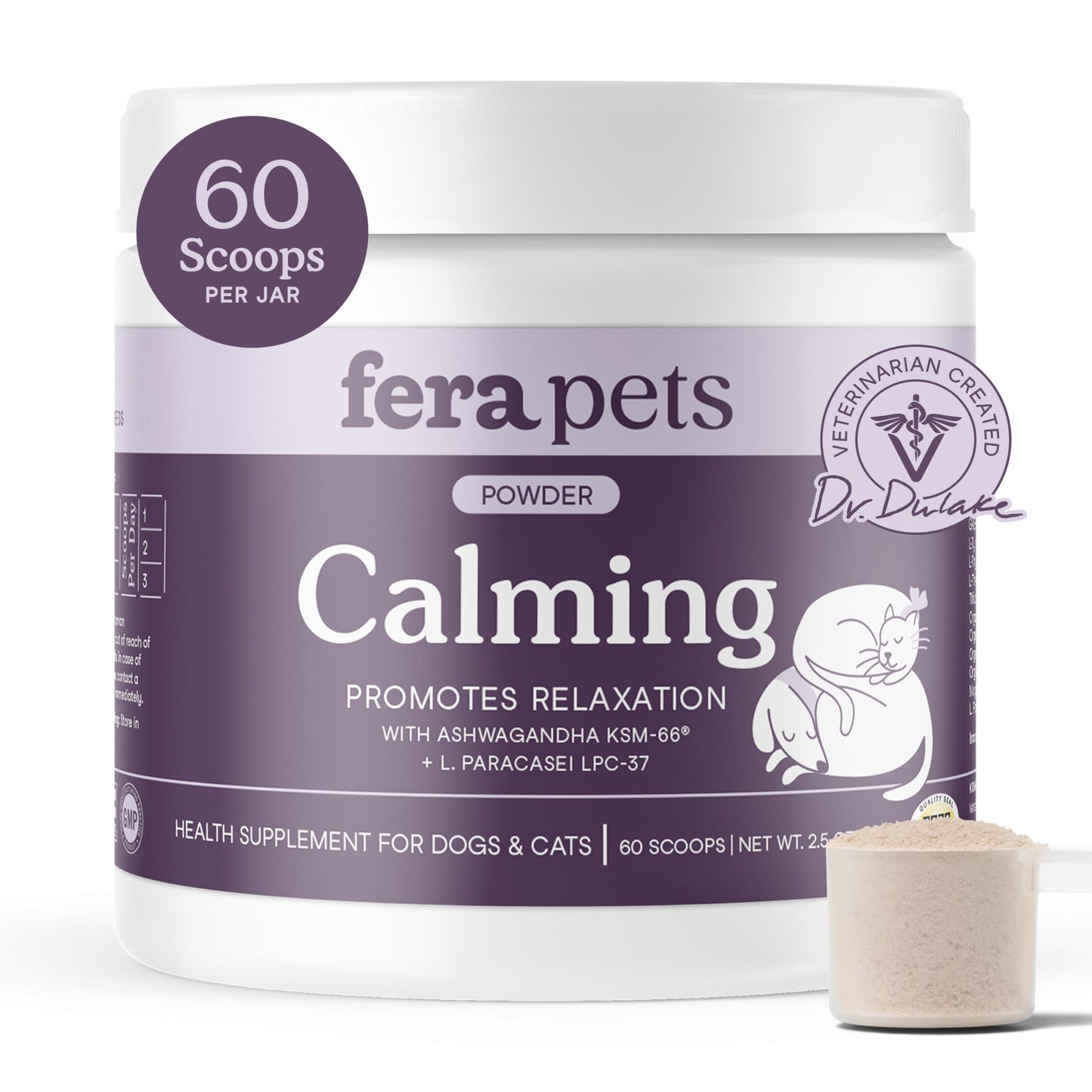 Fera Pets Calming Supplement for Dogs & Cats with Probiotics, L-Theanine, and Ashwagandha - Supports Anxiety Relief - Promotes Relaxation - 60 Scoops