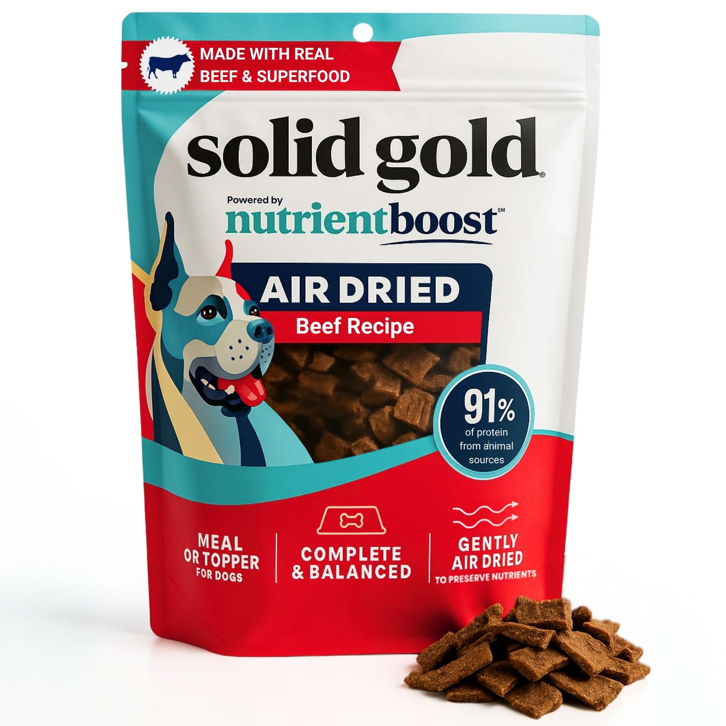 Solid Gold Air Dried Dog Food Toppers for Dry Food - Healthy Dog Treats w/Real Beef & Superfoods - Serve as a Complete Meal, Topper or Treats - Supports Muscle Growth, Immunity & Digestion - 1lb