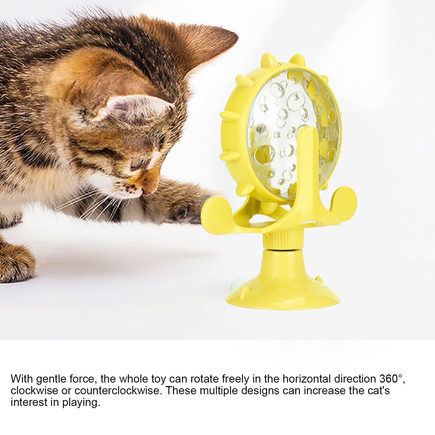 plplaaoo 360 Degree Rotating Windmill Food Puzzle for Cats and Dogs - Interactive Cat Treats Dispenser Toy with Strong Suction Cup, Slow Feeder Snack Distribution Toy for Kittens & Puppies (Yellow)