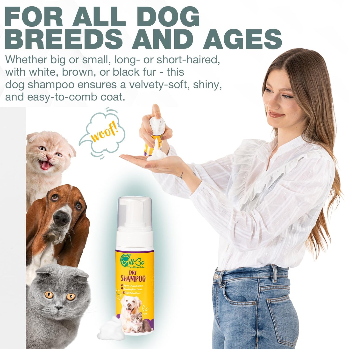 ALLBE Waterless Dry Shampoo for Dogs & Cats, No Rinse Waterless Cat & Dog Shampoo, for Sensitive Skin, Itch Control, No Dog Wash, Deep Cleans & Conditions, Anti-Shedding Pet Care for Smelly Dogs, 5 Oz
