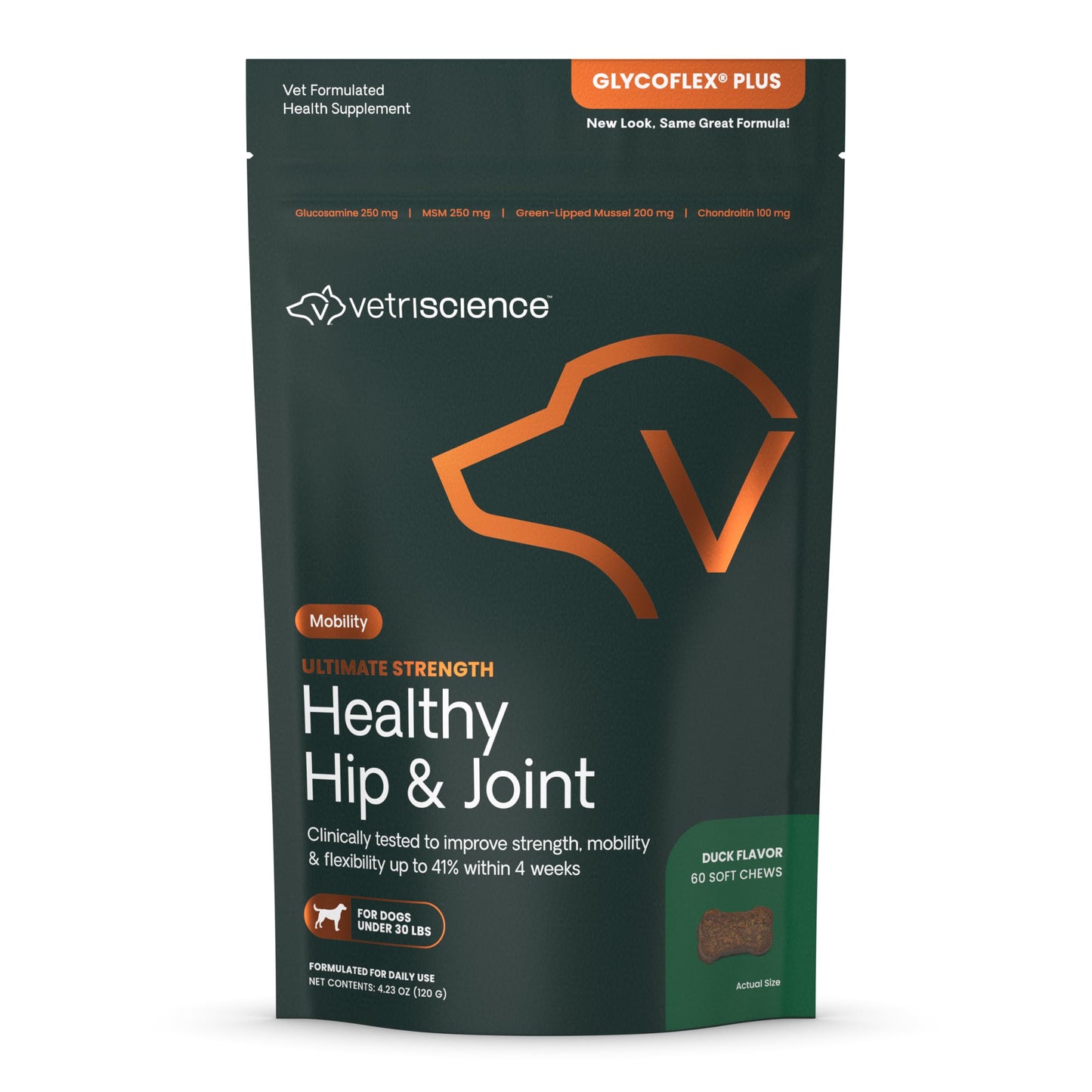 VetriScience Ultimate Strength Healthy Hip & Joint Chews, GlycoFlex Glucosamine, Chondroitin and Green-Lipped Mussel Joint Supplement for Small Breed Dogs, Soothe Joint Discomfort, Duck, 60 Count