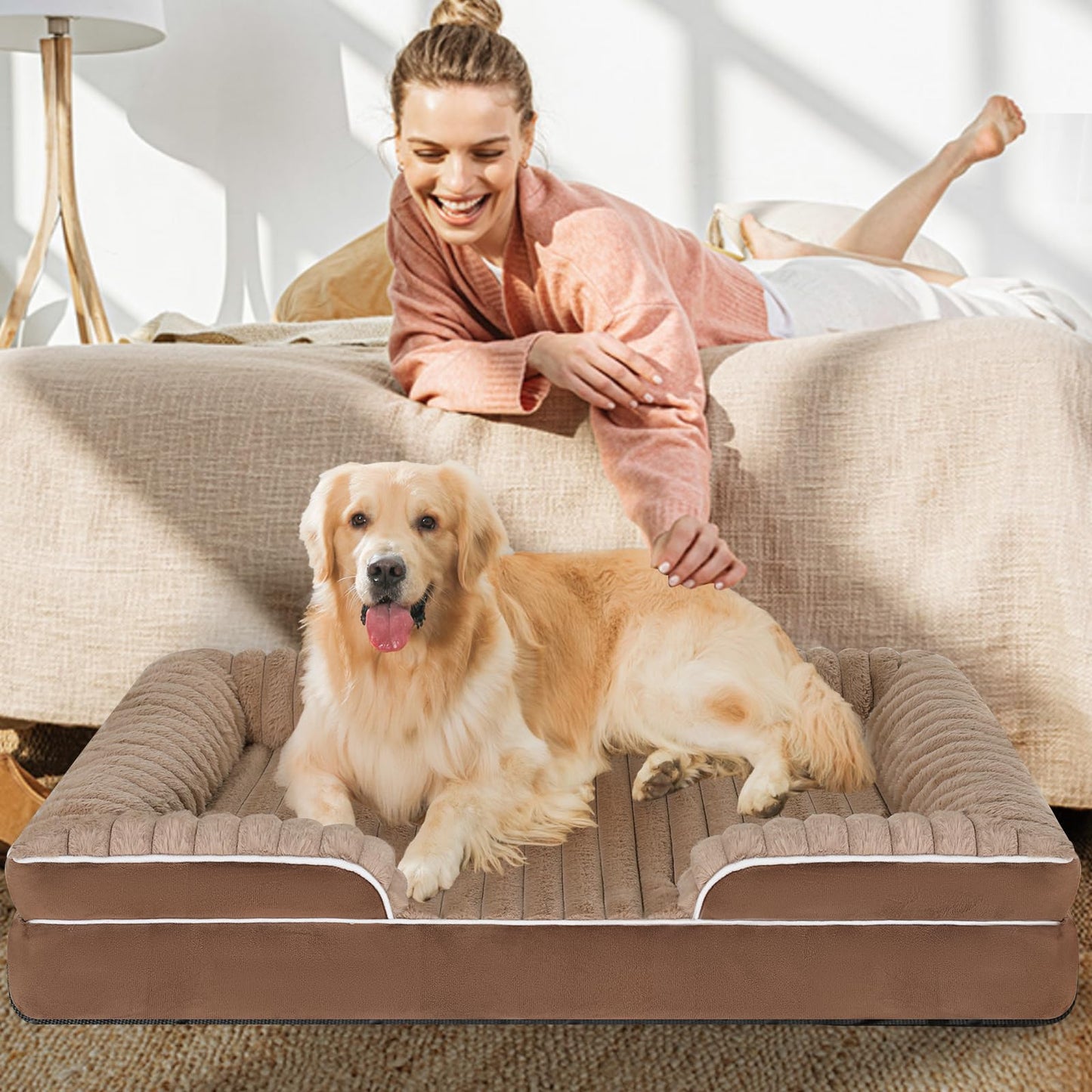 Orthopedic Dog Bed for Large Medium Sized, Washable Memory Foam Large Dog Bed Premium Soft Corduroy Fleece, Durable Medium Pet Sofa with Removable Cover, Washable Waterproof Pet Couch Beds(Brown,L)