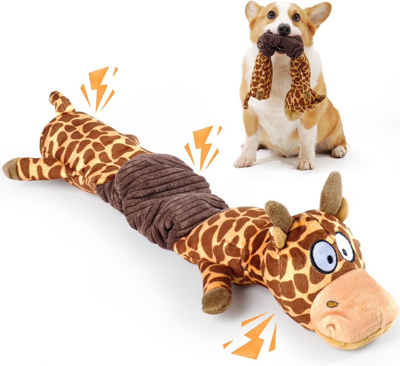 MEWMINGLE 3-in-1 Squeaky Dog Toy for Chewer (Squeaker, Crinkle Paper & Elastic Band), Durable Interactive Puppy Plush Stuffed Chew Toy for Boredom, Tug of-War, for Small Medium Large Breed (Giraffe)
