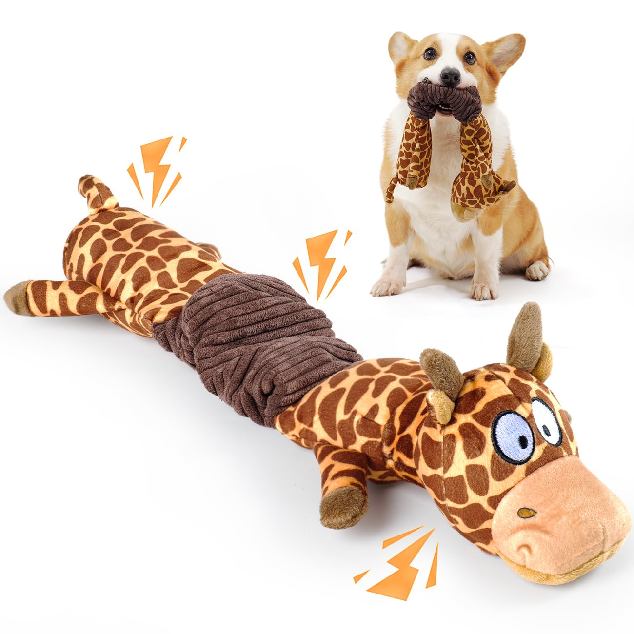 MEWMINGLE 3-in-1 Squeaky Dog Toy for Chewer (Squeaker, Crinkle Paper & Elastic Band), Durable Interactive Puppy Plush Stuffed Chew Toy for Boredom, Tug of-War, for Small Medium Large Breed (Giraffe)