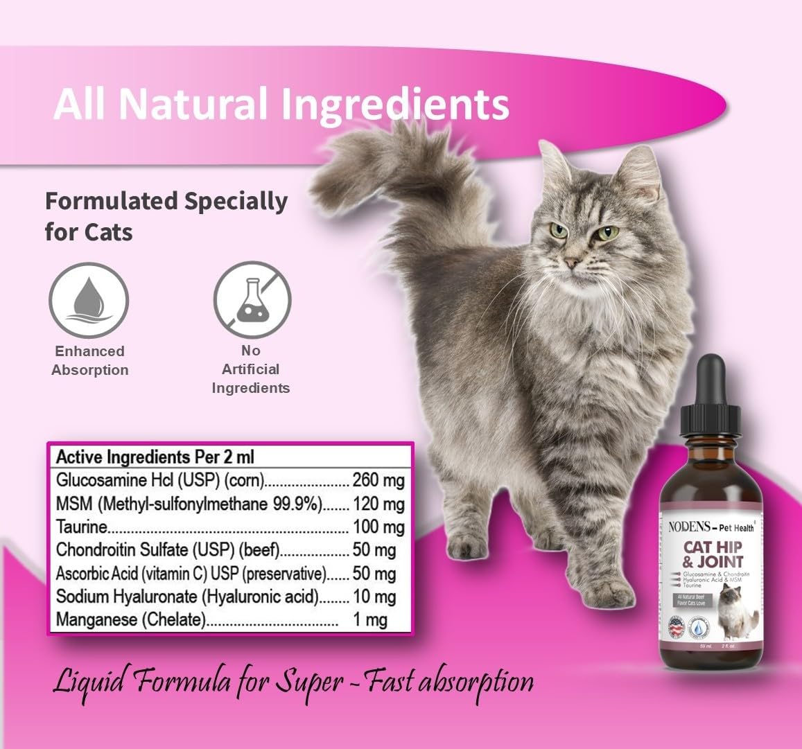 Nodens Cat Hip and Joint and Small Dog Hip and Joint 100% Natural Glucosamine for Cats and Small Dogs. Chondroitin, MSM, Hyaluronic Acid Arthritis Pain Relief for Cats and Dog Joint Pain. Made in USA