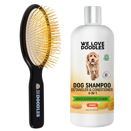 We Love Doodles Dog Shampoo (Mango) and Pin Dog Brush (Bundle) - Pet Shampoo for Matted Hair - Sensitive Skin Shampoo for Puppies - Pin Dog Brush for Shedding & Removing Loose Fur - Made in The USA