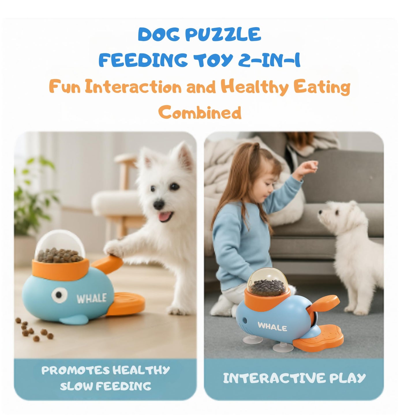 Slow Feeder Dog Balls Puzzles for Smart Dogs Interactive Dog Toy Whale-Shaped Treat Dispenser for Small & Medium Dogs, Durable Non-Toxic Food-Grade Design + Suction Cups