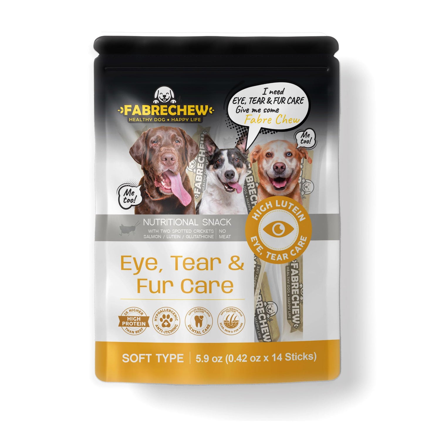 Fabrechew Yellow Eye, Tear Marks & Fur Care Dog Treats – High-Protein Dental Snacks with Cricket & Salmon Protein, Hypoallergenic, Meat Free, Supports Clear Eyes & Healthy Fur, Soft Type (14 Pcs)